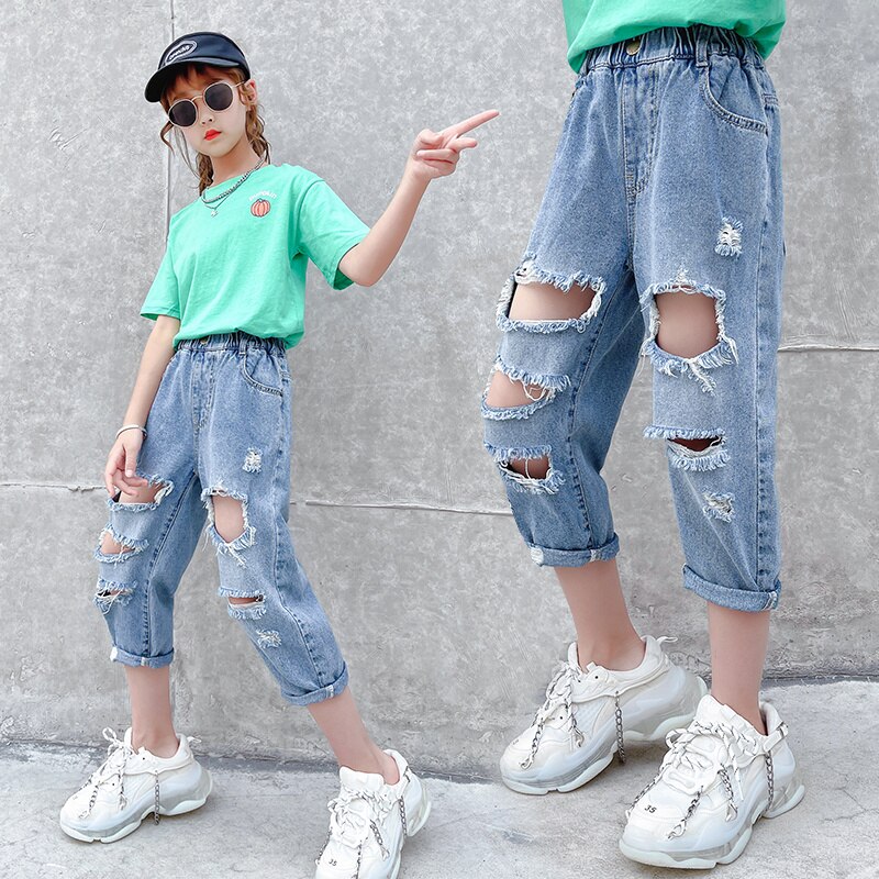 Kinderen Broek Meisjes Dunne Jeans Ripped Cropped Jeans Gaten Korte Broek Denim Zomer 6 8 10 11 12 Jr Kids Kostuum
