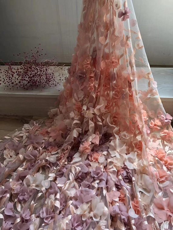 1 verftet fersken rosa 3d blondere stoff med 3d chiffong blomster, fransk haute couture, håndlaget kraftig blond stoff med blomster: Ferskenrosa