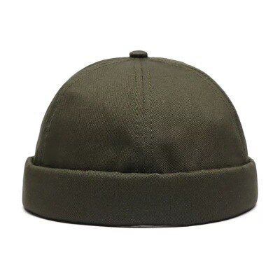 Unisex vinter bomuldsmanchet kort melon kasket ensfarvet kalot bogstaver retro ski fisherman docker hue hat: Militærgrøn