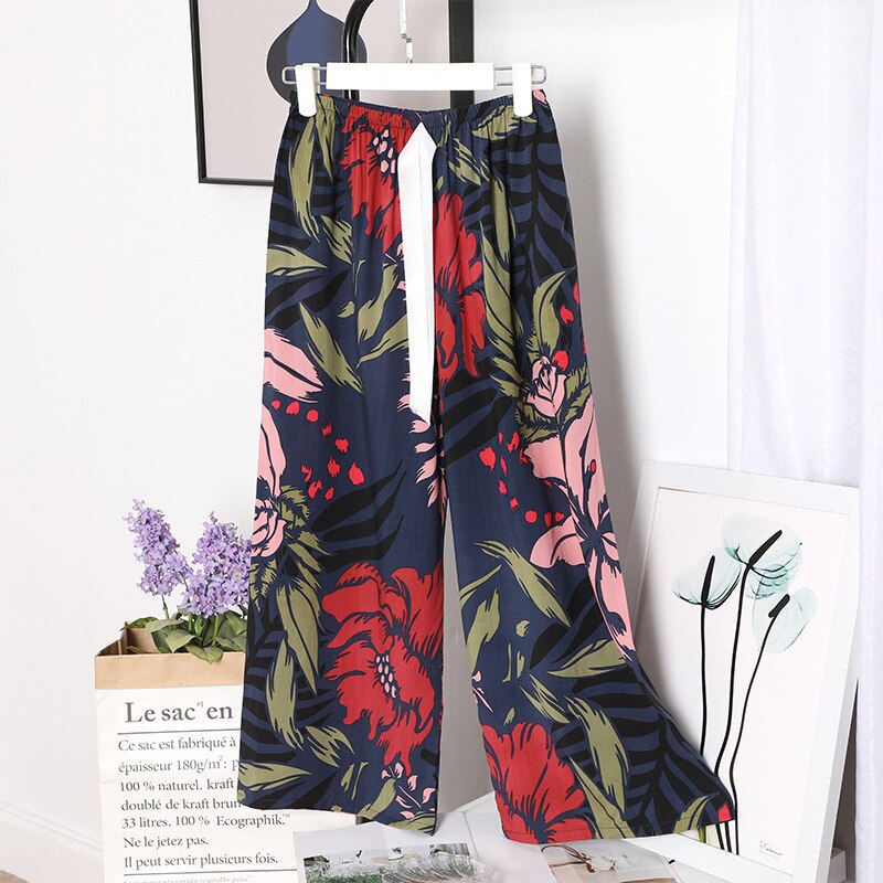 summer large size cotton home pants Korean girls' sweet loose wide leg pajamas: White