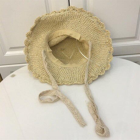 Kant Winddicht Tie Met Grote Rand Papyri Zonnehoed Voor Dames Zomer Outdoor Zonnehoed Opvouwbare