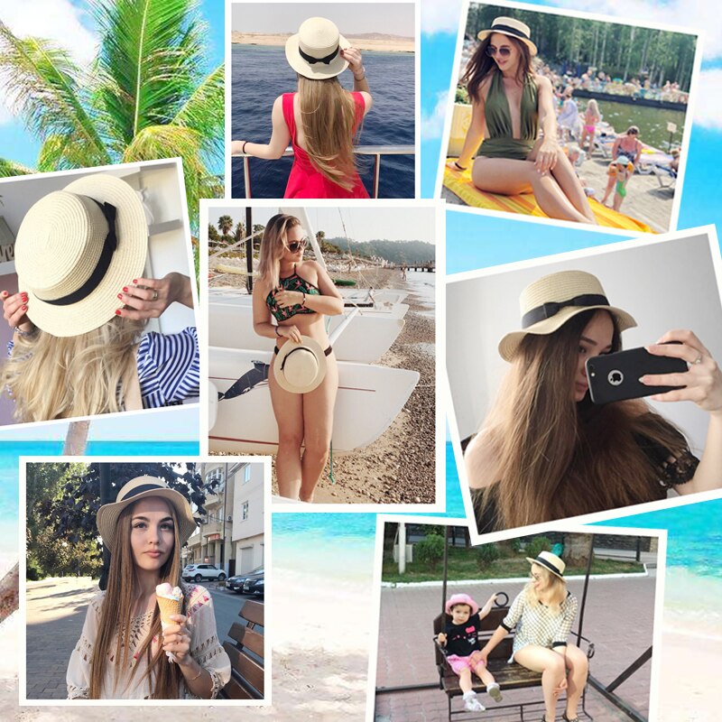 Zomer Vrouwen Hoed Strand Strooien Hoed Panama Dames Cap Modieuze Handgemaakte Toevallige Platte Rand Strik Zon Hoeden Voor Vrouwen