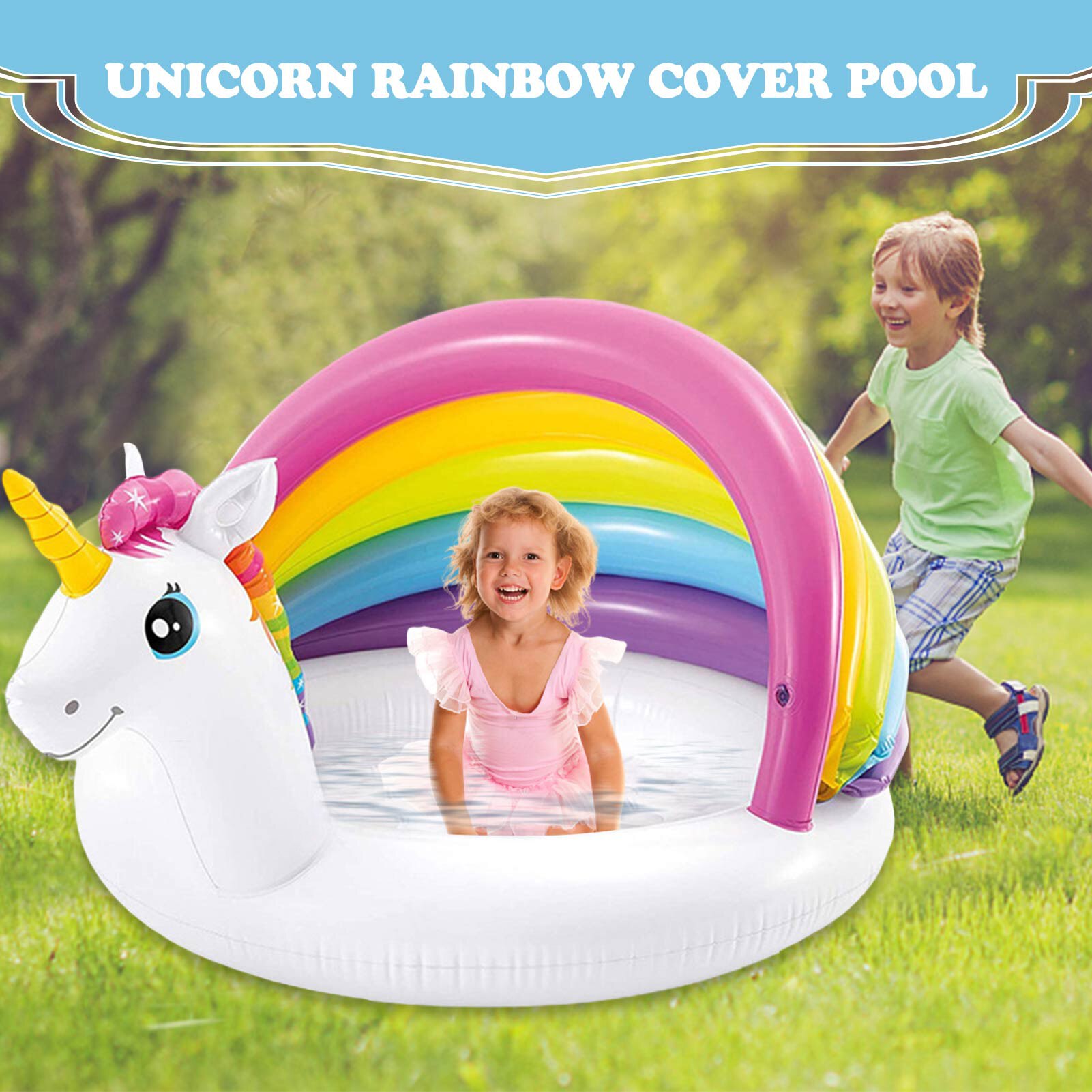 Baby Inflatable Swimming Pool Cute Unicorn Shape Awning Paddling Pool For Children Kids Backyard Garden