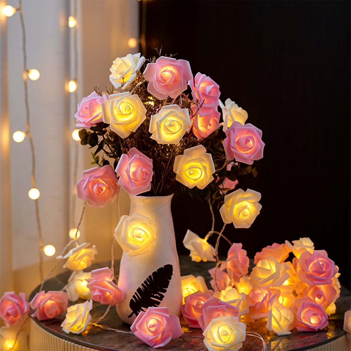 Guirnalda de luces LED con forma de rosa de 2m y 10LED, decoración de boda y cumpleaños, del Día de San Valentín, decoración de árbol de Navidad para el hogar y al aire libre