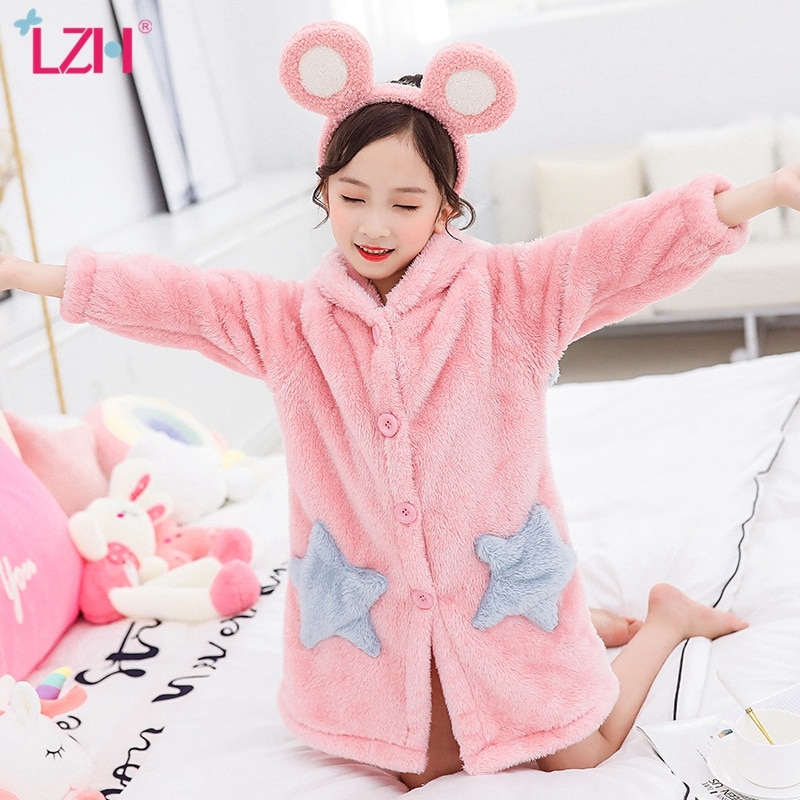 LZH Autumn Winter Thick Flannel Children's Pajamas Warm Hooded Nightdress For Girls Home Wear Nightgown For Kids 4-12 Years