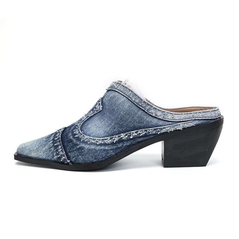 LazySeal-Zapatillas de tela vaquera con tacón cuadrado para mujer, zapatos informales, puntiagudas, sin cordones, para otoño