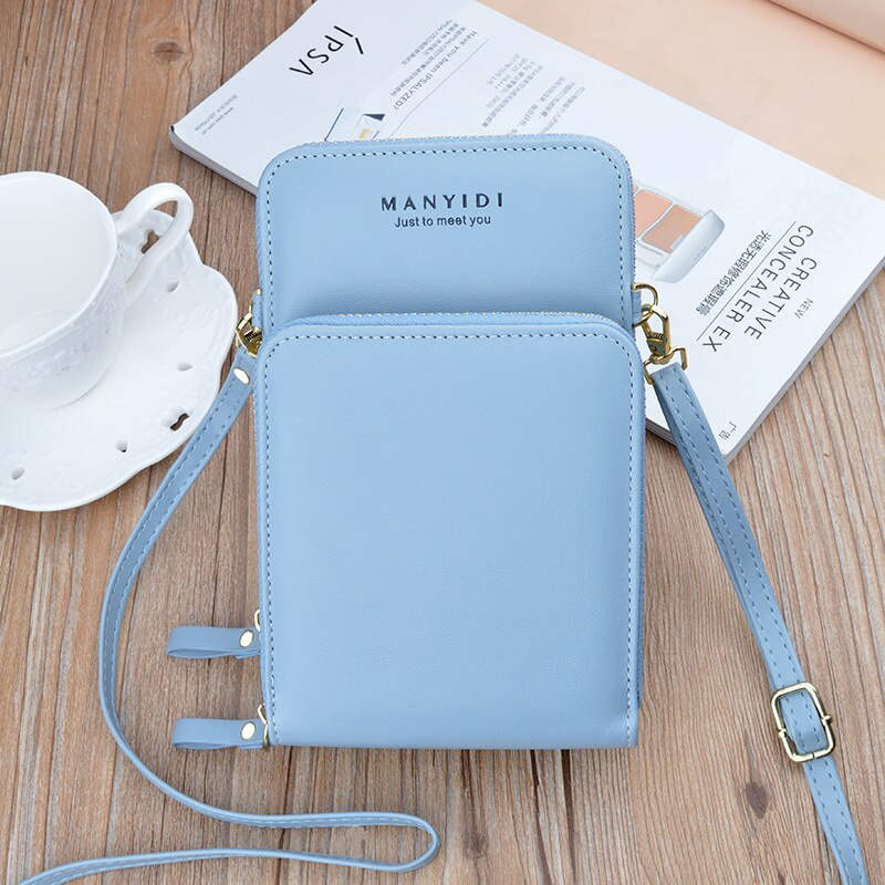 Damen-geldbörse, schlichte umhängetasche, vertikale mini-tasche mit reißverschluss, weiches leder: Blau