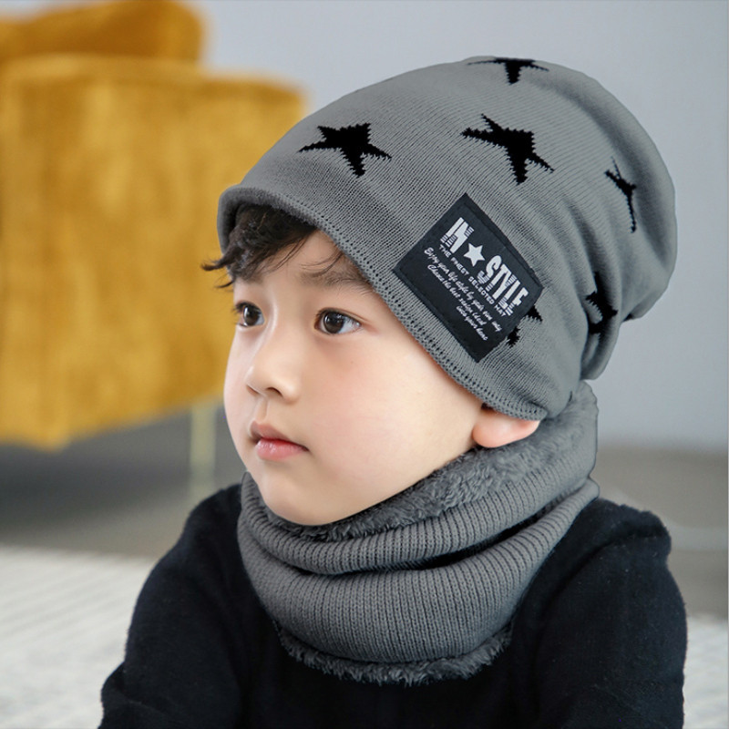 Kind Winter Muts Sjaal Set Jongen Meisjes Warme Pluche Mutsen Hat 2 Stuk Sets Kid Geometrie Print Mode Outdoor ski Cap Sjaals: Dark Gray