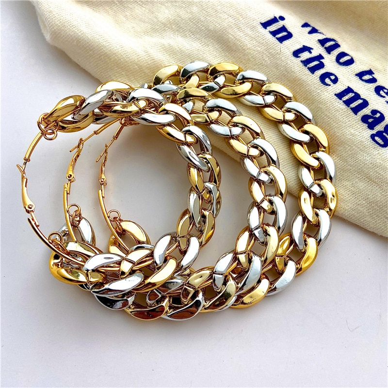 Bohemian Oversize Chain Hoop Earrings For Women Double Gold Silver Color Circle Earrings Luxury Statements