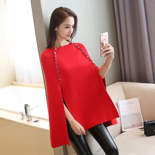 Suéter de capa de punto para mujer, jersey de otoño e invierno, ropa de calle, suéteres casuales sueltos, capas, cuello redondo, mangas de murciélago, poncho: Rojo