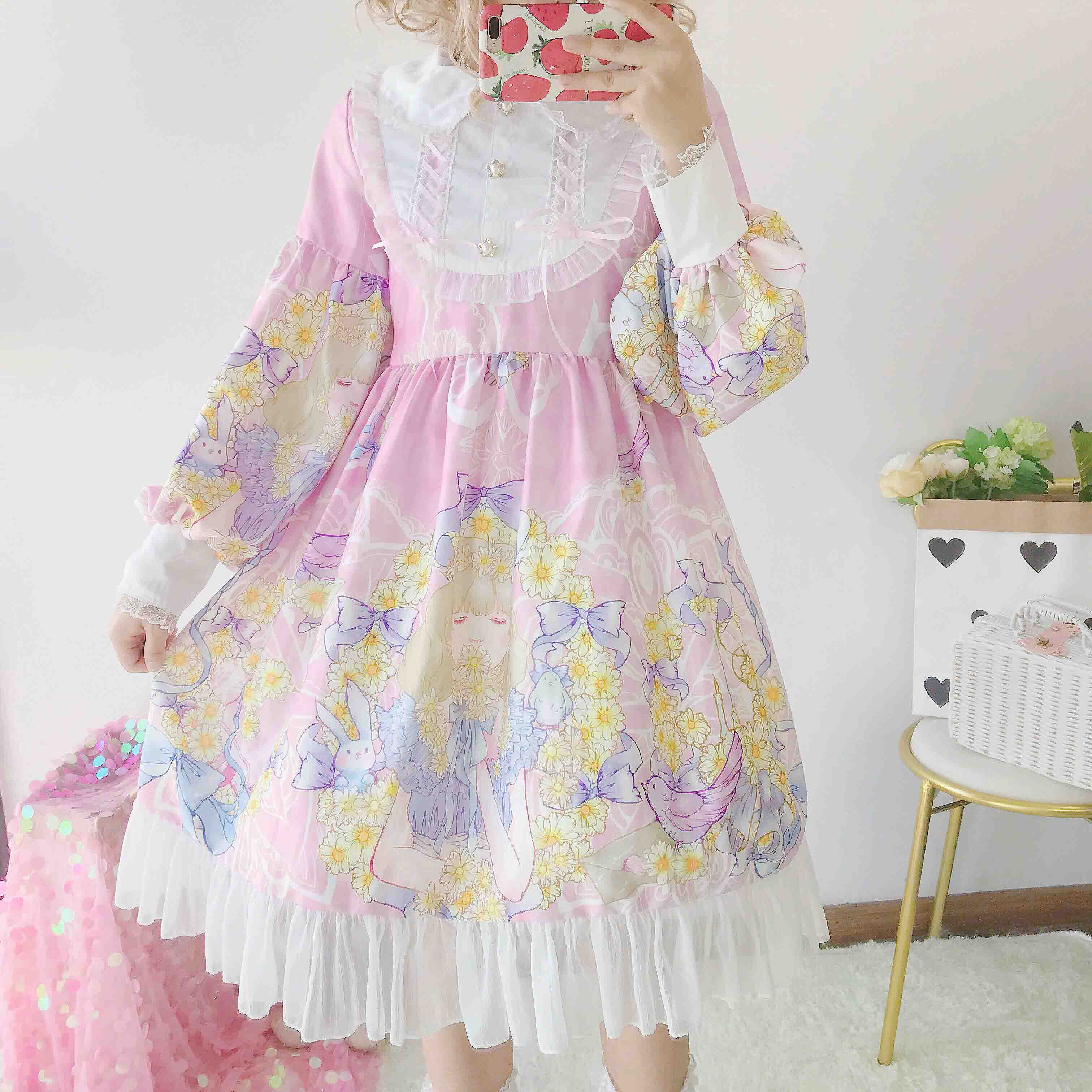 Japanese Lolita Dress Daisy Girl Long Sleeve Op Dress Japanese Small Fresh sweet dress