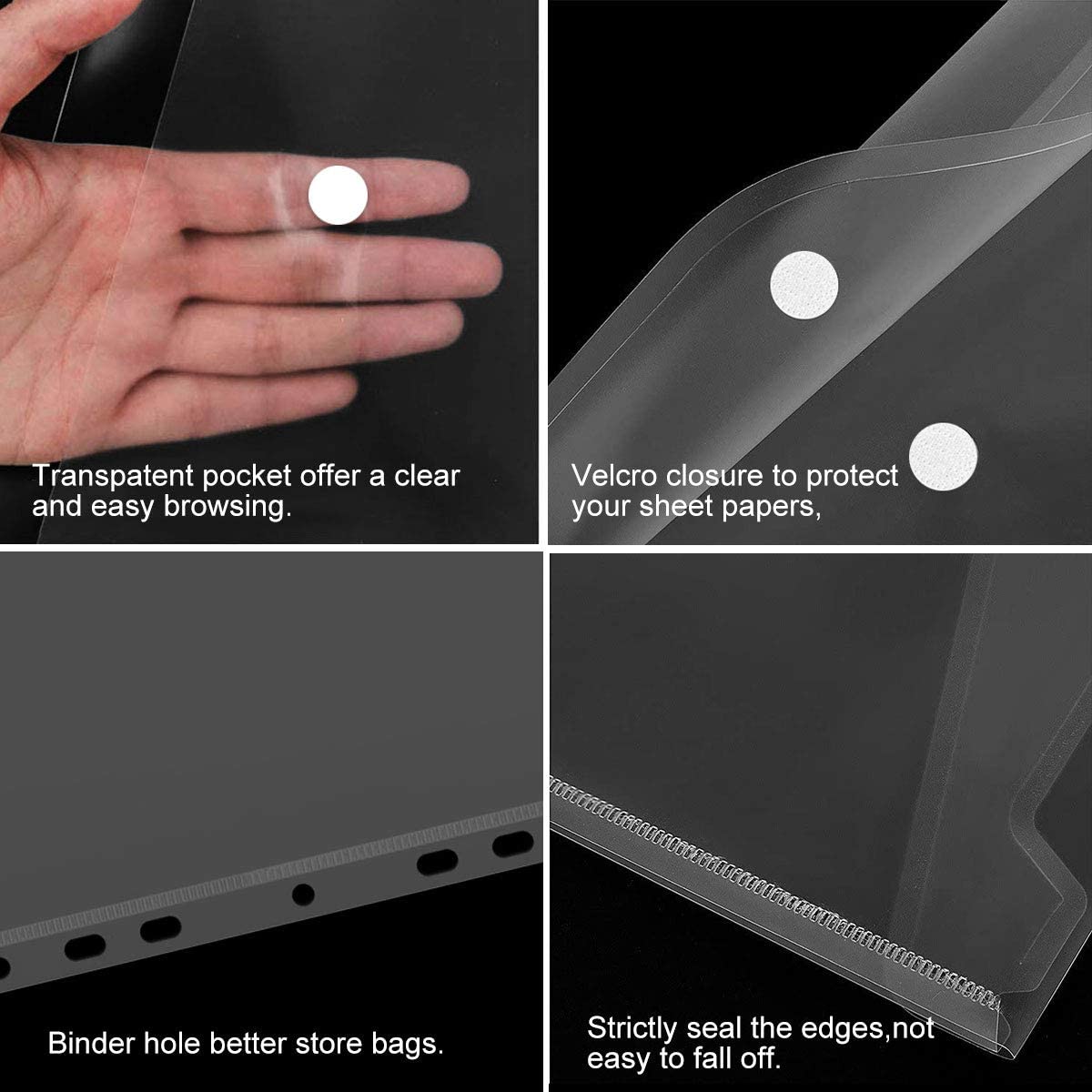 6Pcs A4 Plastic Filing Pockets, Waterproof 11 Holes Transparent High-resistance Perforated Pockets for School Life Office