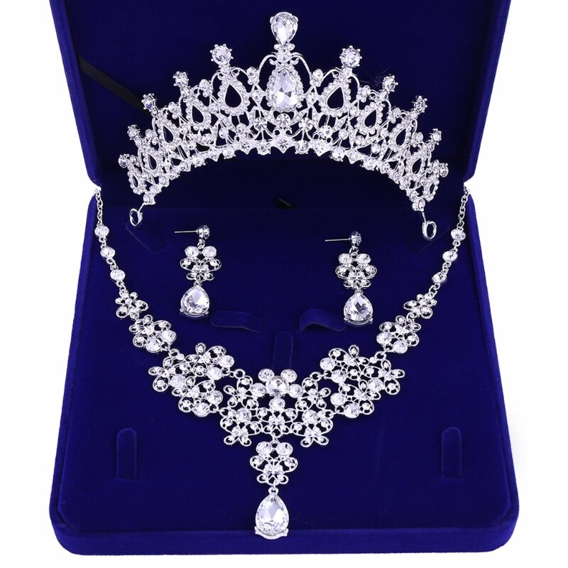 Tiara Kroon Oorbellen Ketting Sets Voor Bruid Bruiloft Prom Party Jurk Rhinestone Zilveren Kroon Wedding Earring: 1
