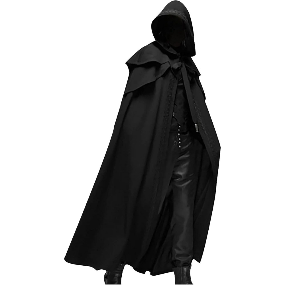Medieval vintage com capuz solto preto manto casacos à prova de vento trincheira chique inverno longo cabo poncho gótico masculino monge cosplay