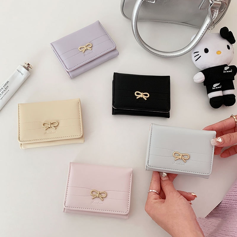 Wallets Girls Cute Bow Small Wallet Aesthetic Card Holder Classic Three Fold Purse For Women Student Simple Coin Pouch