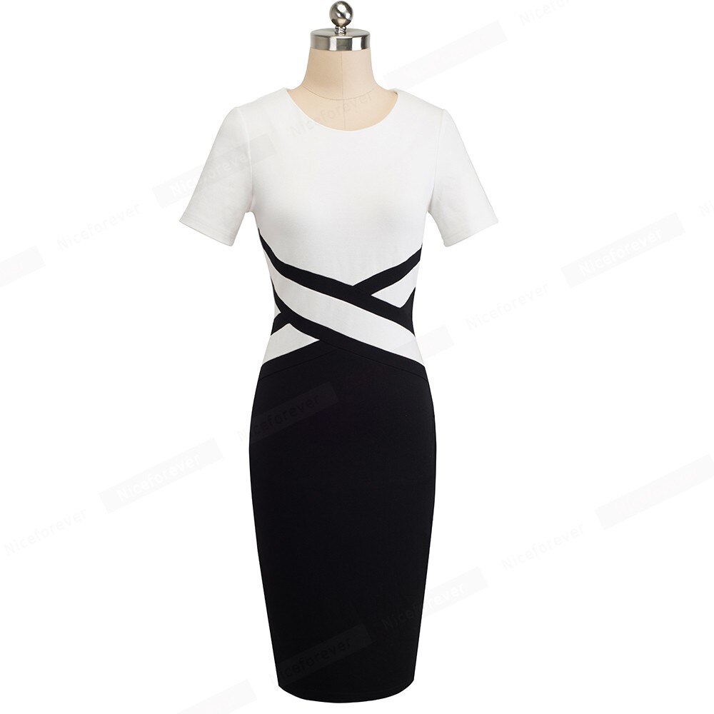 Nice forever Elegant Women's Contrast Color Patchwork Office Dress Business Party Bodycon Sheath Women Dress B546