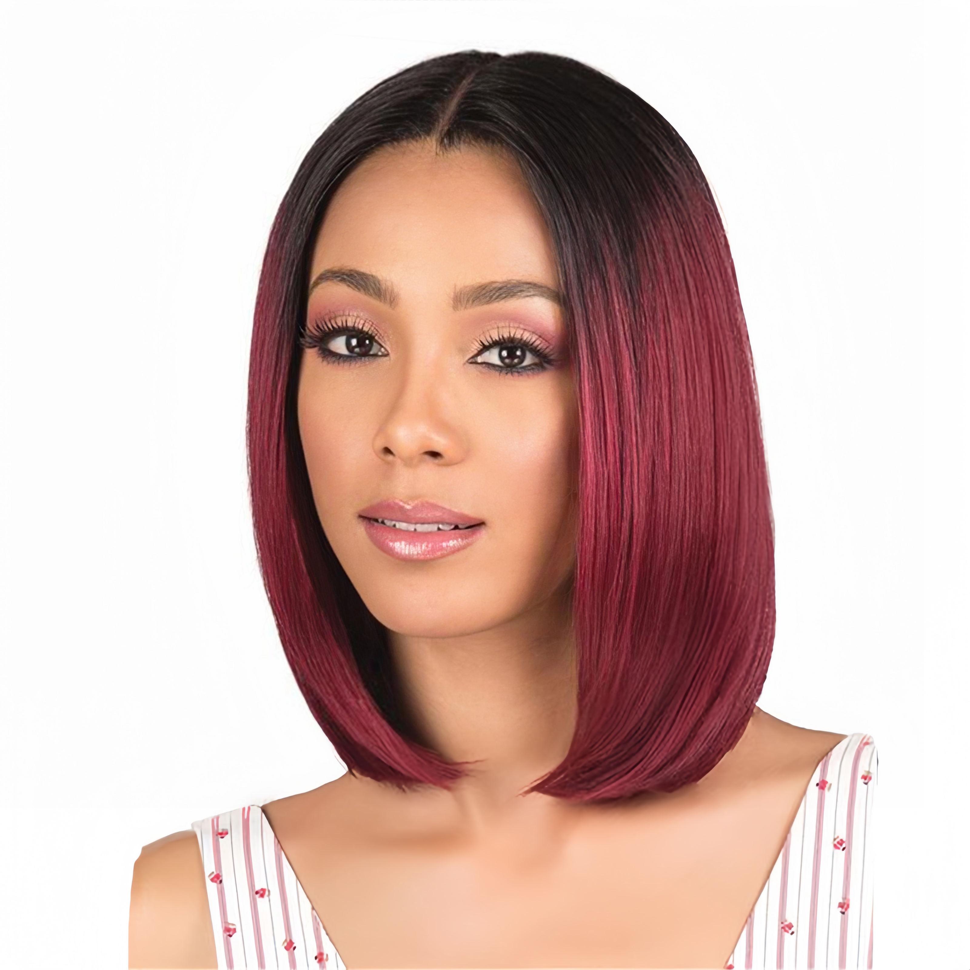 Peluca bobo teñida europea y americana de , pelo corto y liso para mujer, pelo de fibra sintética de color rojo vino degradado negro: Default Title