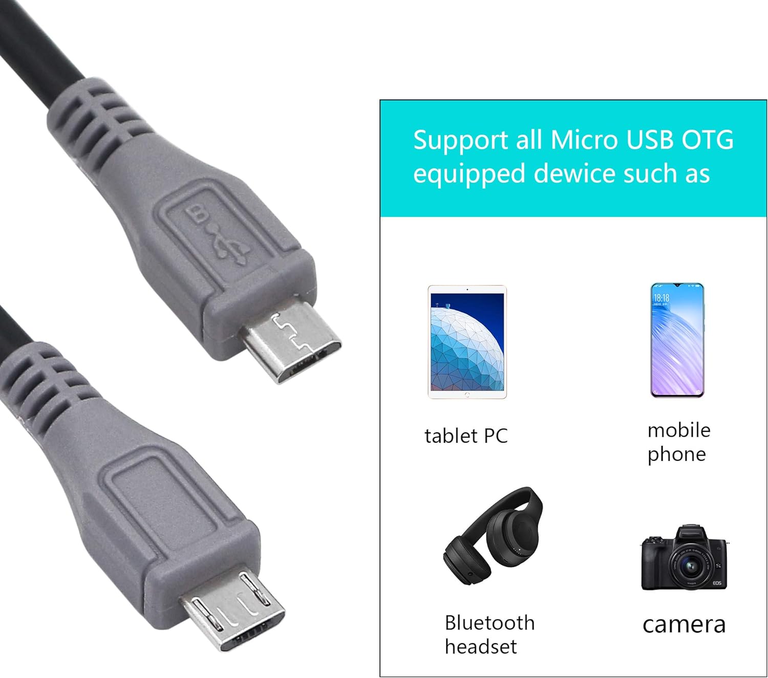 1pc Micro USB Type B Male To Micro B Male 5 Pin Converter OTG Adapter Lead Data Cable 20cm