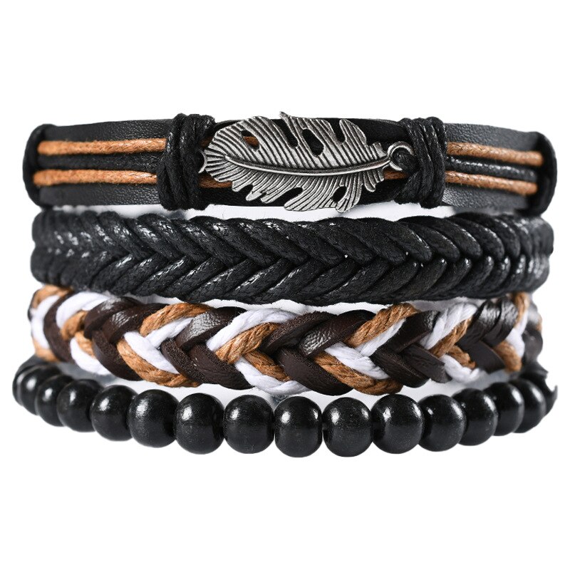 KaiMin 4pcs/ set Adjustable Leather Bracelets for Men Braided PU Black Brown Bangle Life Tree Leaf Rudder Charm Bracelet: JW8034-3