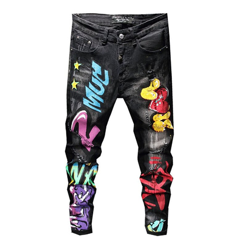 Jean noir imprimé Graffiti pour homme, vêtement pour adolescent, Micro élastique, tendance, décontracté: Asian size 34