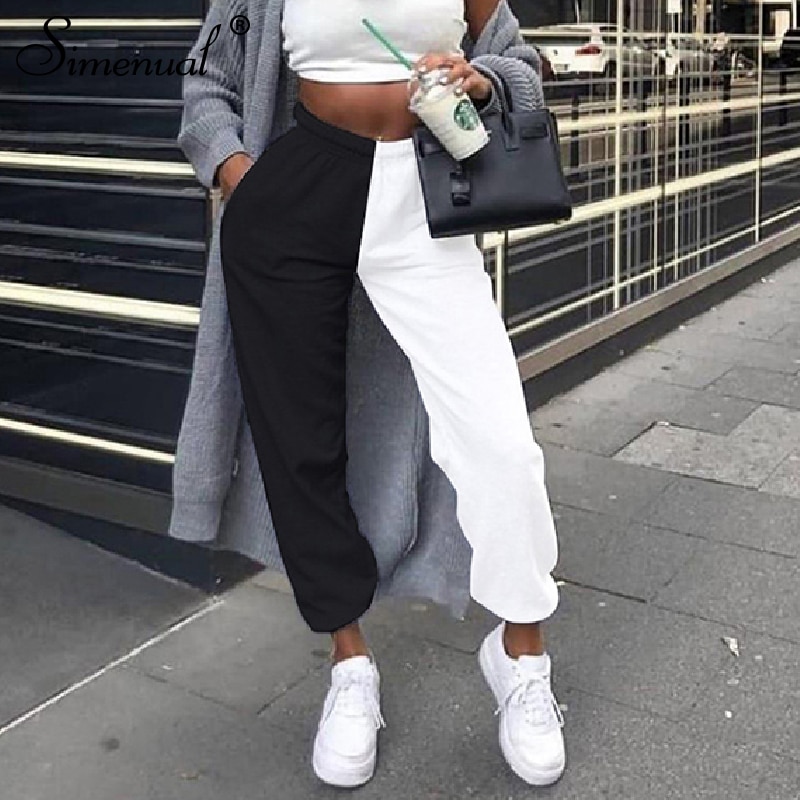 Vrouwen Meisjes Hoge Taille Black & White Patchwork Hip Hop Dance Street Style Sport Casual Jogger Broek Broek