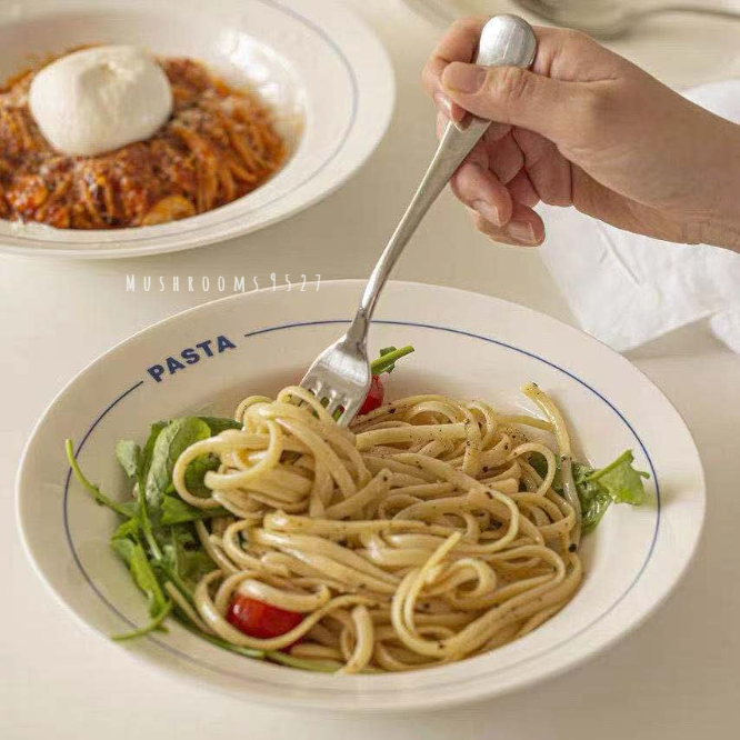 Koreansk stil retro bogstaver enkle blå keramiske tallerken service pasta stegte ris oval dyb tallerken morgenmad dessert snack tallerken