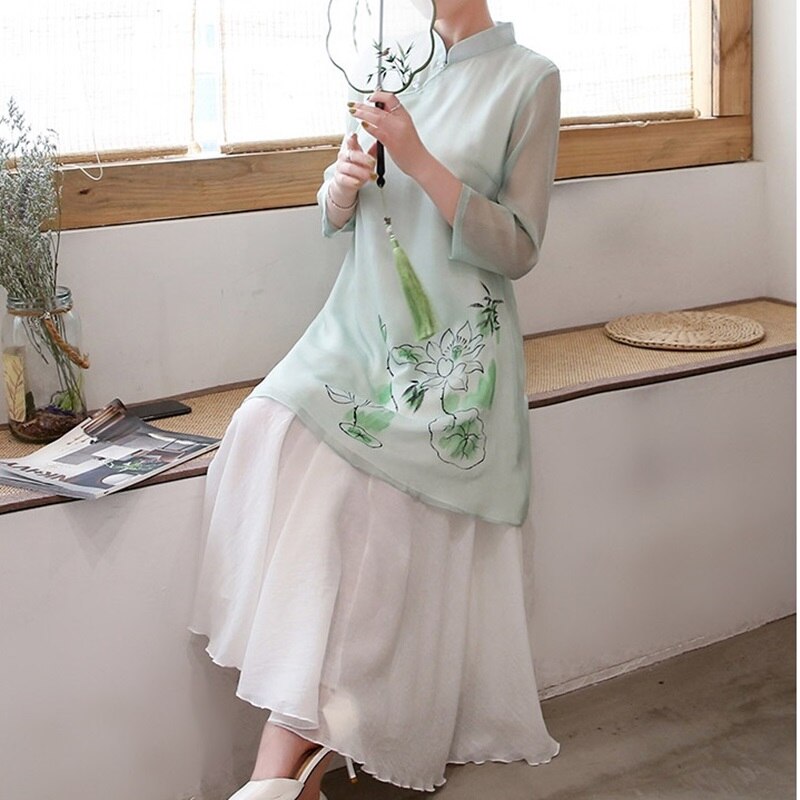 Ensemble 2 pièces Style chinois pour femmes, tenue Cheongsam, haut + pantalon à jambes larges, costume Tang, , été, 11265