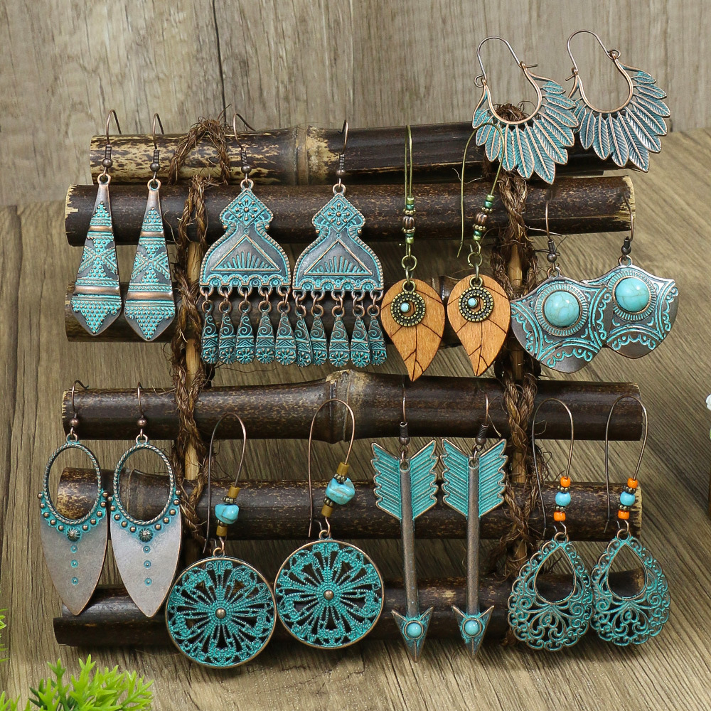 Pendientes bohemios étnicos Vintage de Color bronce para mujer, aretes colgantes geométricos de flor tallada en piedra azul clásica, joyería Jhumka
