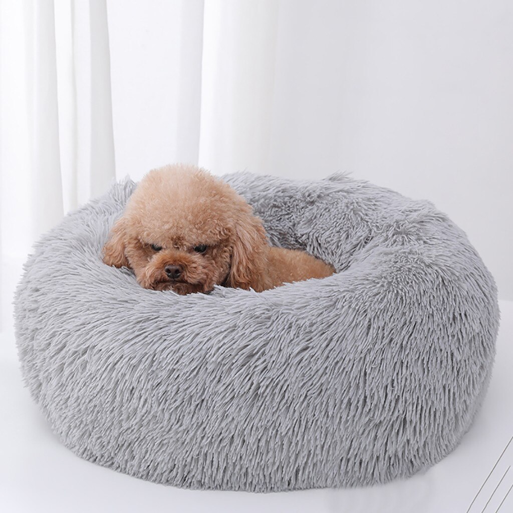 38# Fluffy Calming Dog Bed Long Plush Donut Pet Bed Hondenmand Round Orthopedic Lounger Sleeping Bag Kennel Cat Puppy House: Gray  / S