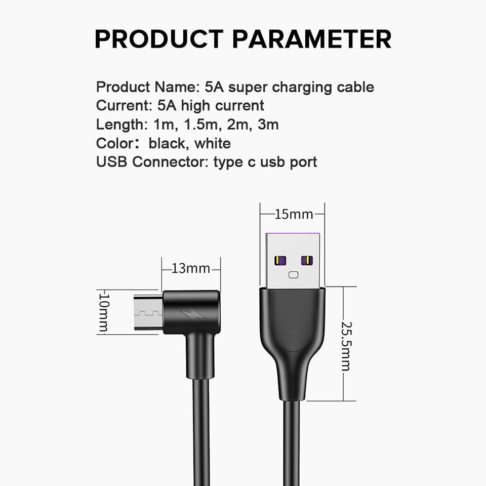 90 degrés Type C câble USB C 5A rapide Charge rapide QC 3.0 QC3.0 câble pour Huawei Mate 30 Pro P30 Lite Mate30 USB-C 1.5 2 3 mètres