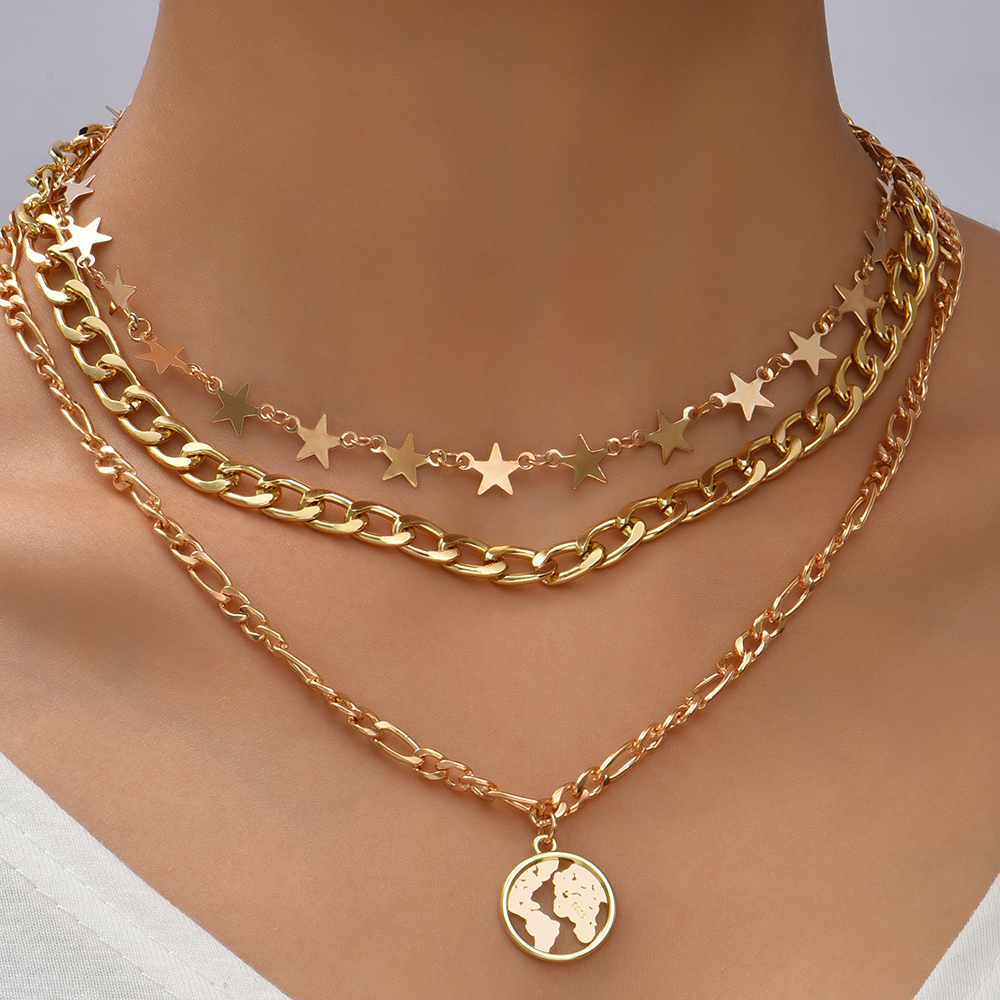Multilevel Gold Map Pendant Jewelry For Women Wedding Tassel Star Chain Choker Necklaces N0274