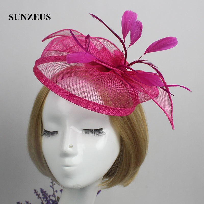 Sombreros y tocadores de boda con plumas de lino, sombreros de novia elegantes de Color dorado, sombrero de mujer, accesorios para el cabello SH13: fuchsia