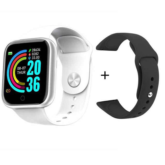 Y68 Smart Uhr Frauen Männer Sport Bluetooth Smart Band Herz Rate Monitor Blutdruck Fitness Tracker D20 Smartwatch: White  black Strap