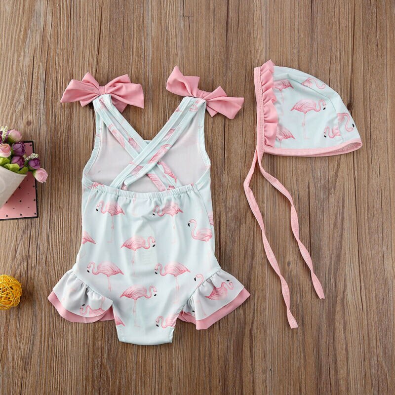 Traje de baño con sombrero para niñas, traje de baño con sombrero, flamenco, 2 uds., para verano,