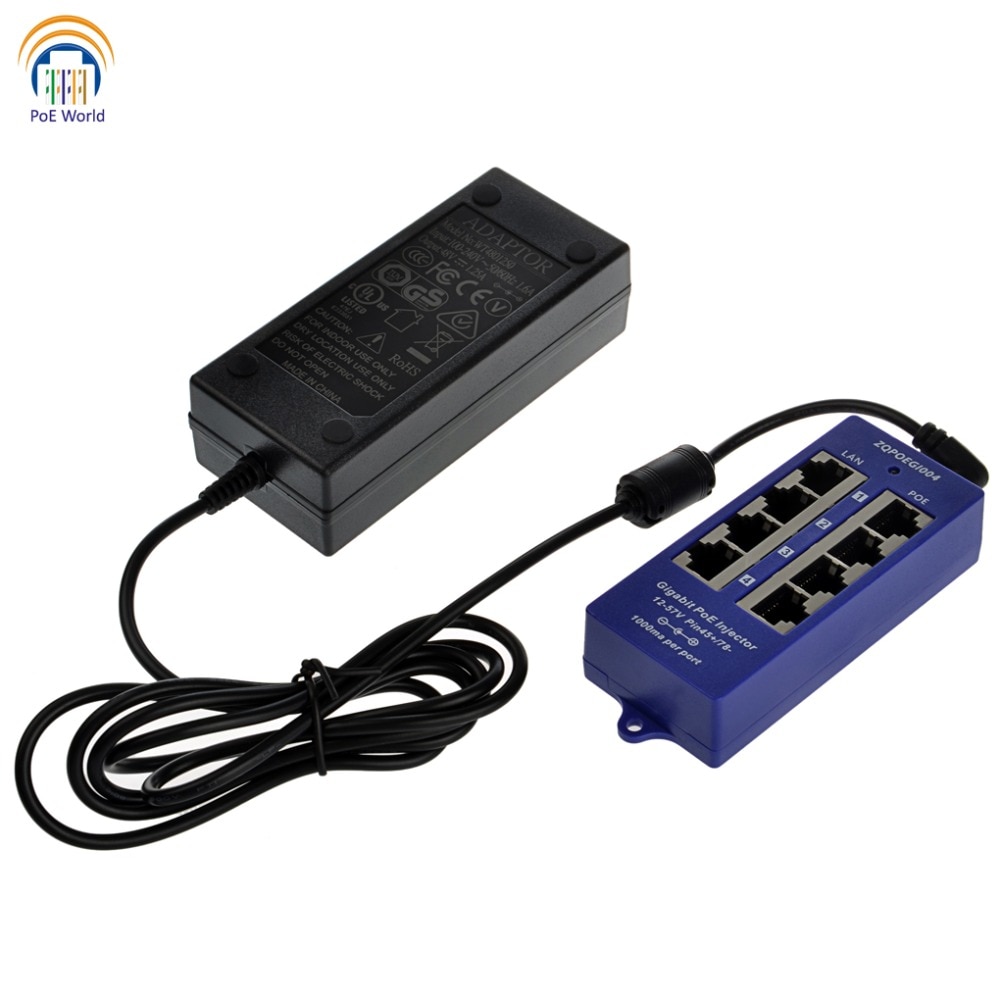 4 port gigabit poe injector with 48 Volts Power Supply PoE for 48 volt Ubiquiti and Mikrotik devices, data & power in one cable