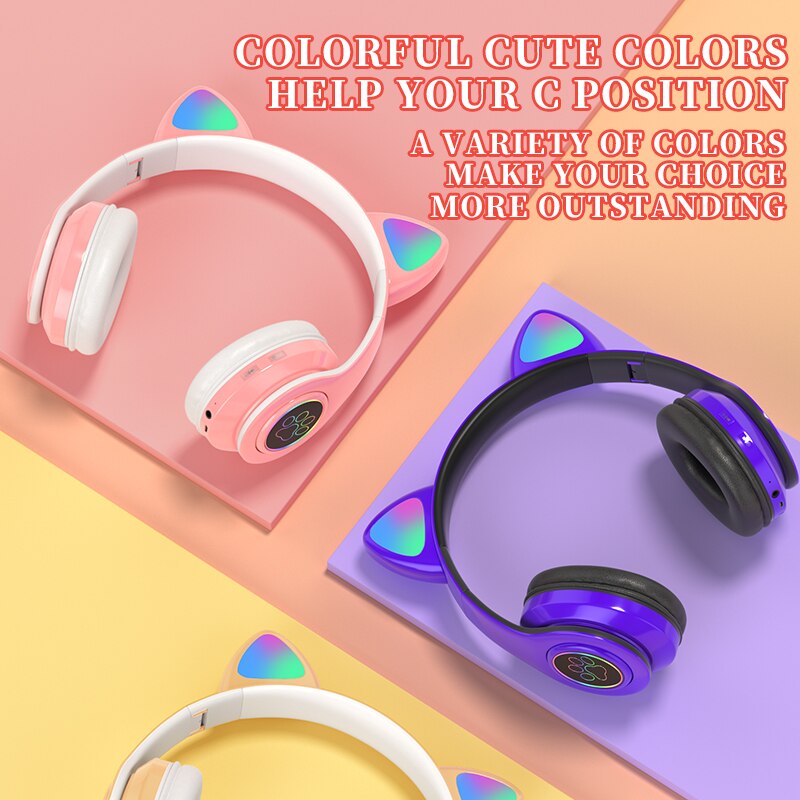 Roze Gaming Led Kat Ear Hoofdtelefoon Bluetooth Noise Cancelling Kids Meisje Headset Ondersteuning Tf-kaart Fm Radio Met Microfoon Draadloze + Bedrade