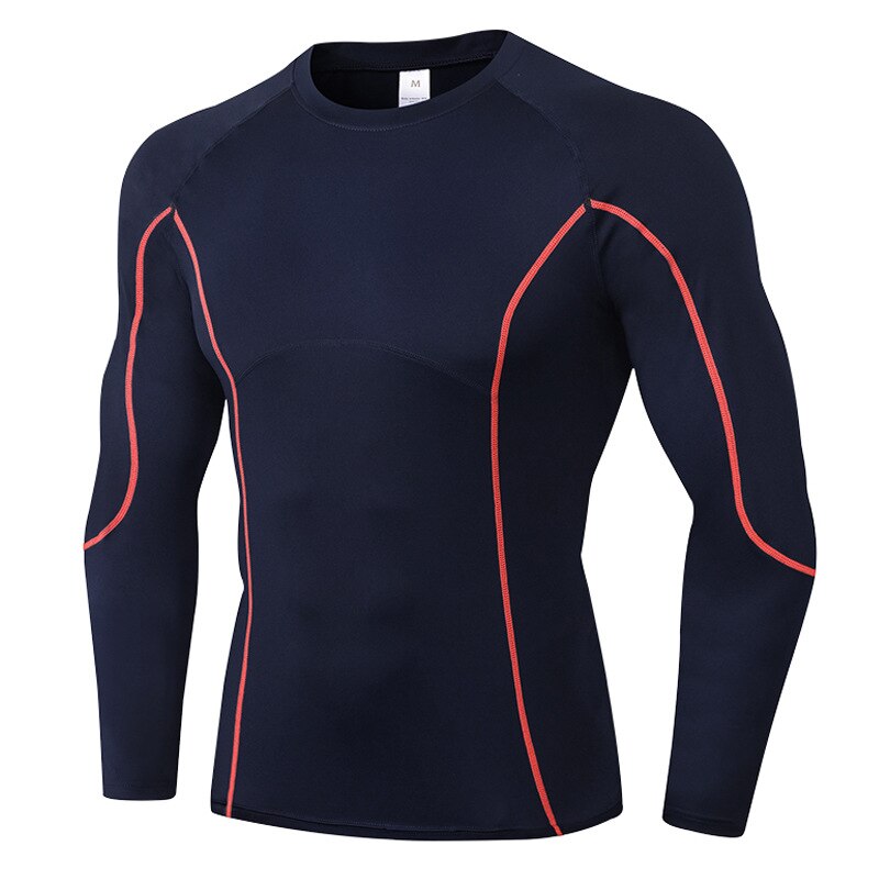 Herr långärmad löpar-tröja snabbtorkande gym fitness joggingträning andningsbar sport kompression sweat t-shirt anpassad logotyp: Mörkblå / M