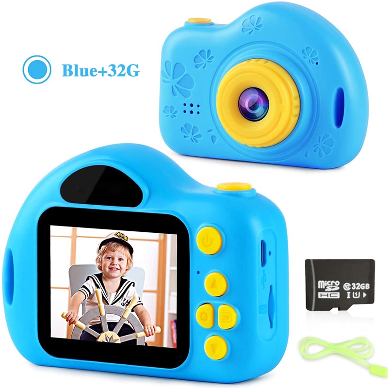 bambini telecamera 1080P foto video giocattoli 2.0 pollice schermo Multi-funzione cartone animato carino bambini's telecamera per i regali compleanno non definito: blu e 32G