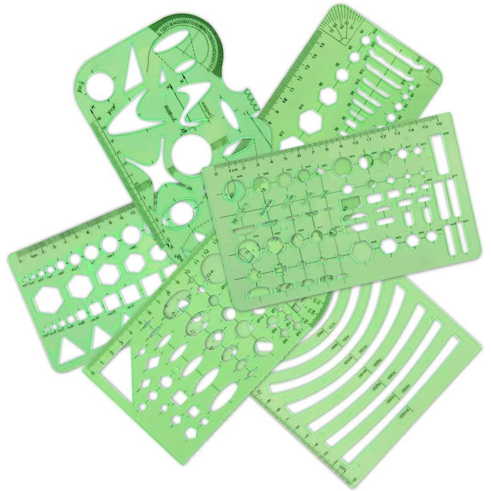 6pcs Plastic Geometry Drawing Template Ruler Stencil Office Stationery Drafting Supplies Measuring Tool