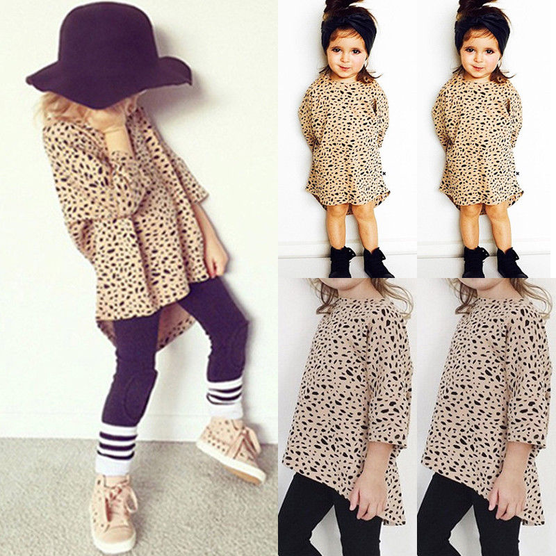 Pudcoco tjej t-shirt 0-5y barn bebis flickor leopardmönstrat 3/4- ärmad topp t-shirt festklänning sundress