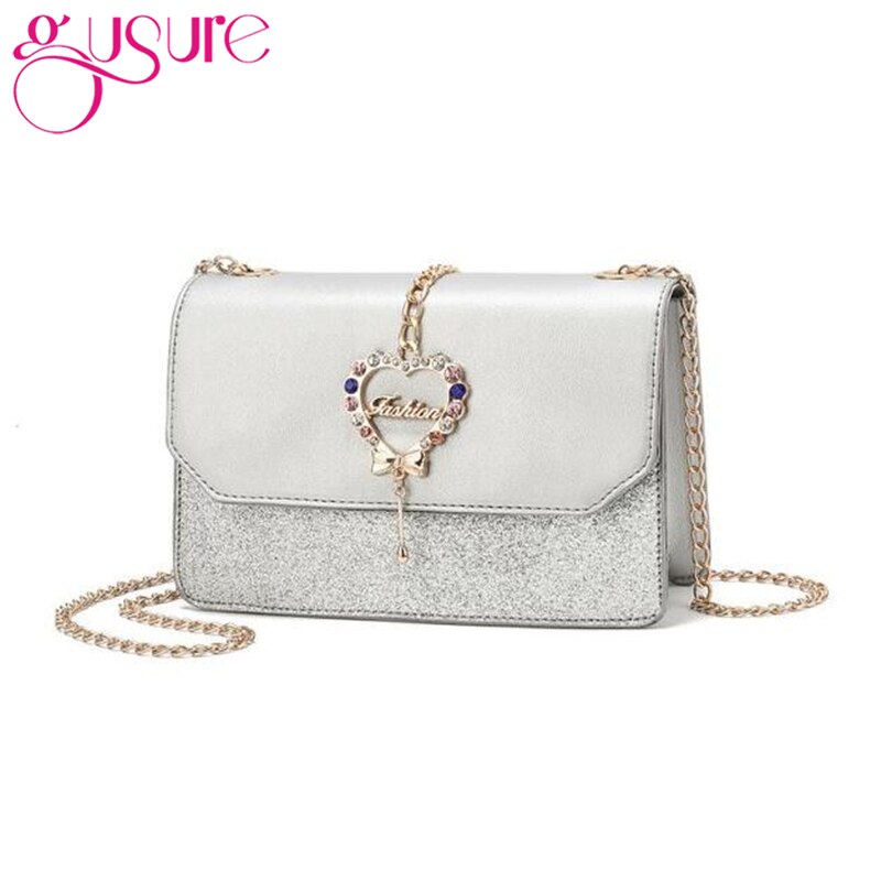 Gusure Shoulder Bag - Heart Sequin Flap - Chain Strap - Small PU Purse for Women