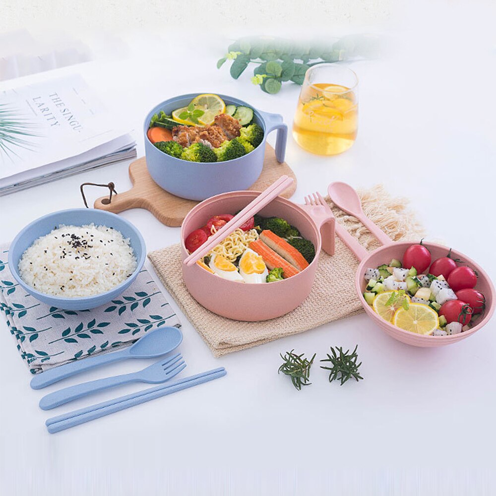 Ramen bol à nouilles instantanées avec poignée de couvercle, paille de blé , ensemble de couverts de cuisine, soupe salade riz bol micro-ondes