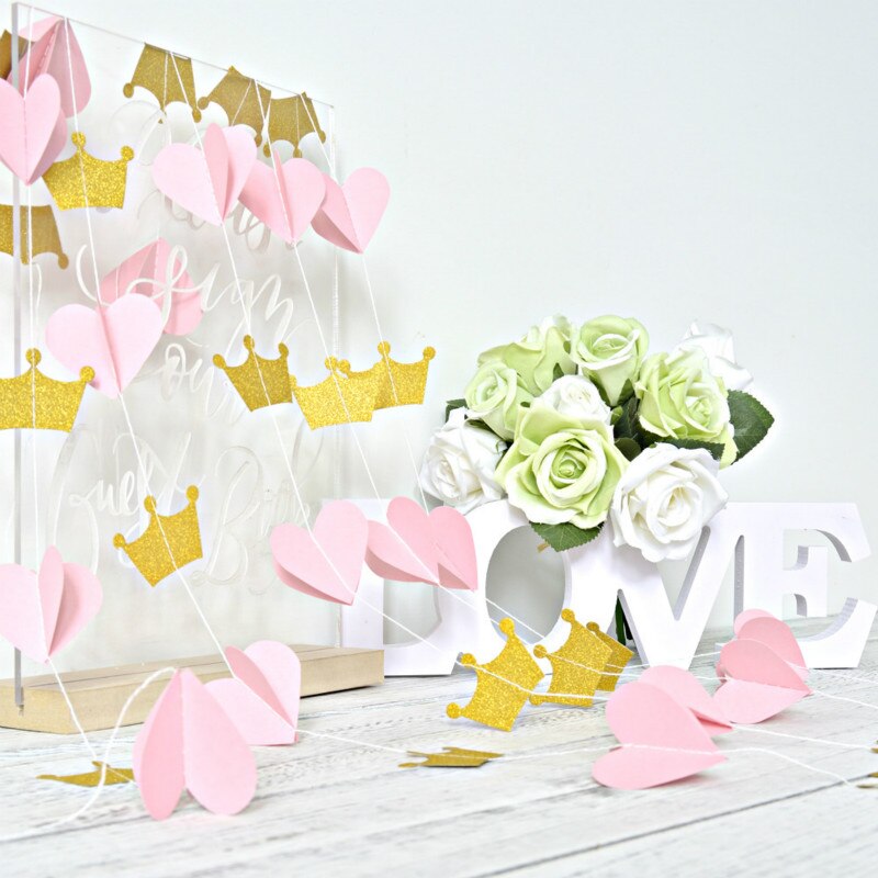 2cm Gold Crown and 3D Pink Heart Garland Bunting for Weddings or Birthday Party Decoration: Default Title