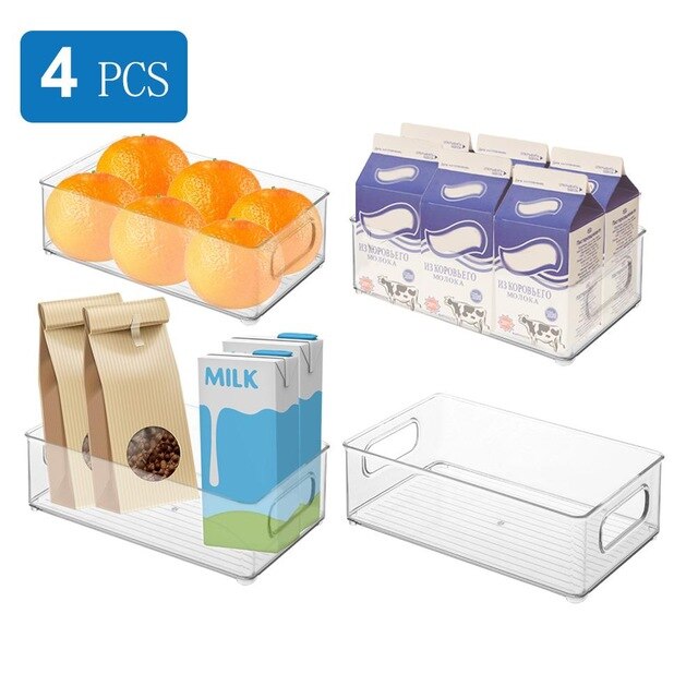 4pc Refrigerator Organizer Bins Stackable Fridge Food Storage Box with Handle Clear Plastic Pantry Food Freezer Organizer Tools: 4Pcs
