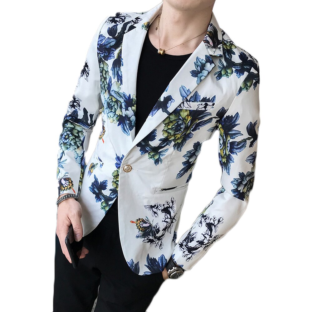 Spring Mens Slim Fit Suit Blazer Flower Print Simple Temperament British Style Social Business Casual Suit Jacket
