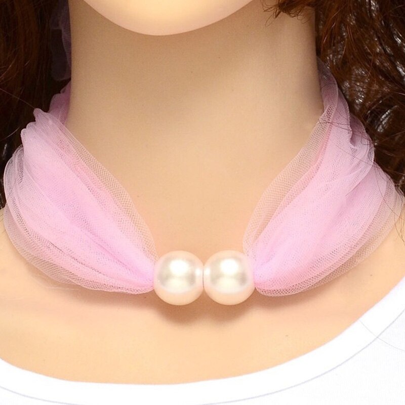 Spring Net Yarn Pearl Scarf Necklace Women Choker Party Jewelry Pure Color Scarf Necklaces: Pink