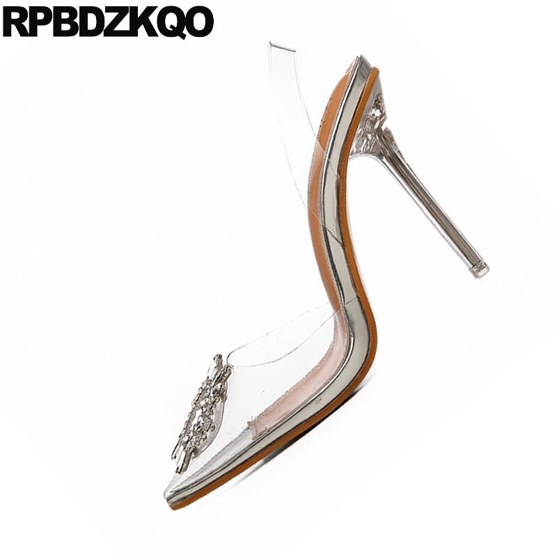 Transparente Mujer Diamante de imitación escarpin claro diamante barato plata stiletto Delgado cristal punta puntiaguda señoras zapatos de tacón alto bombas