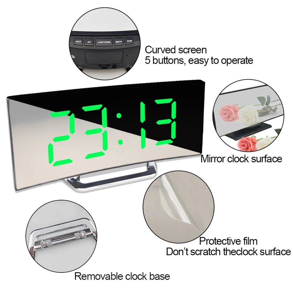 Large Screen LED Curved Surface Mirror Clock Silent Alarm Clock Desk Home Decoration Power Saving Data Storage Clock