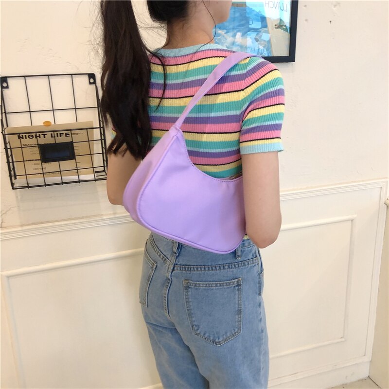 Purple Women Hobos Underarm Bag Retro Simple Ladies Purse Handbags Female Nylon Shoulder Bags Small Tote Clutch Bolsas