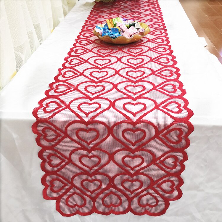 Valentinsdag rød julestjerne blonde stoff duk hjerteformet blonder bordløpere elsker bordflagg dekorasjon til bryllupsfest: B